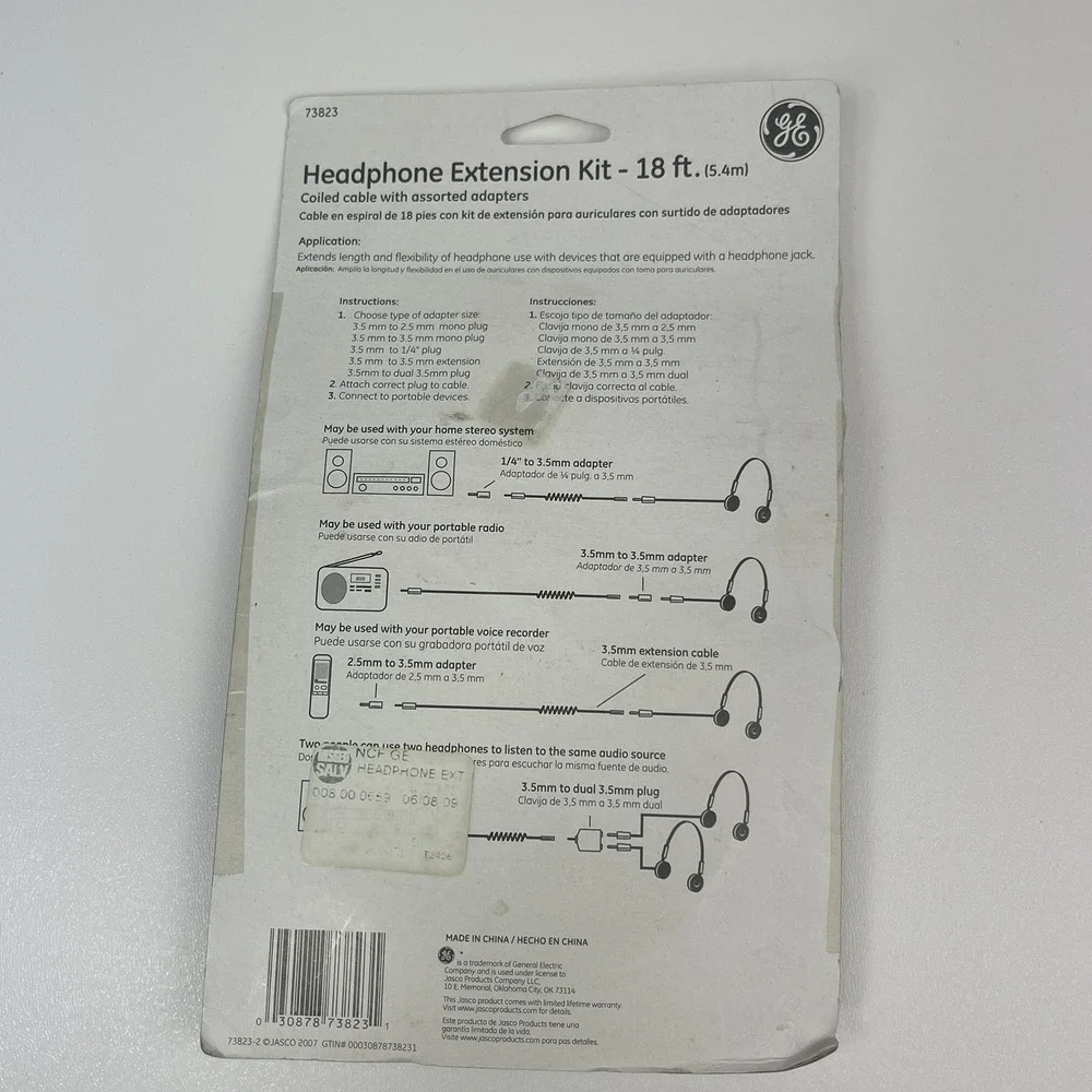 GE Headphone Extension Kit Cable Adapters 18 Feet Unopened In Package